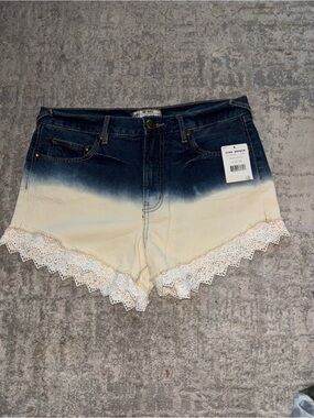 Free People Ombre Lace-Trim Denim Shorts - Navy to Cream